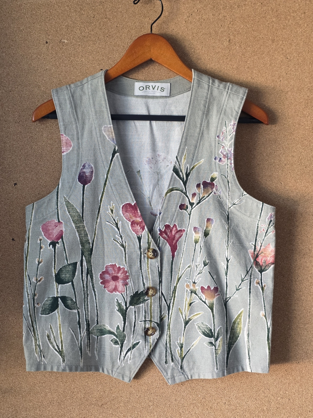 Vintage Orvis Hand Painted Wildflower Vest Size Small Cotton Flax Cottagecore